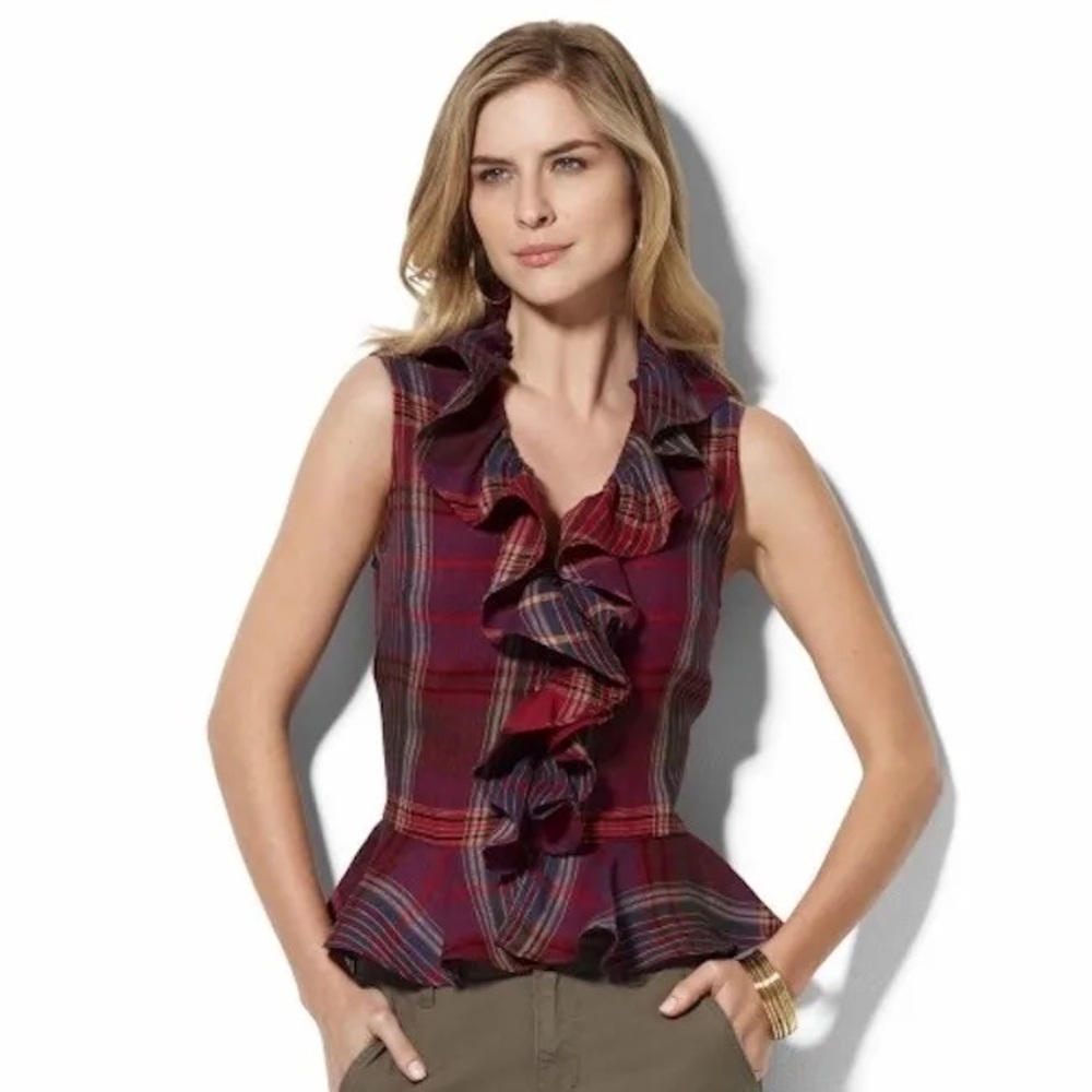 Lauren Ralph Lauren Iona plaid linen ruffle front top